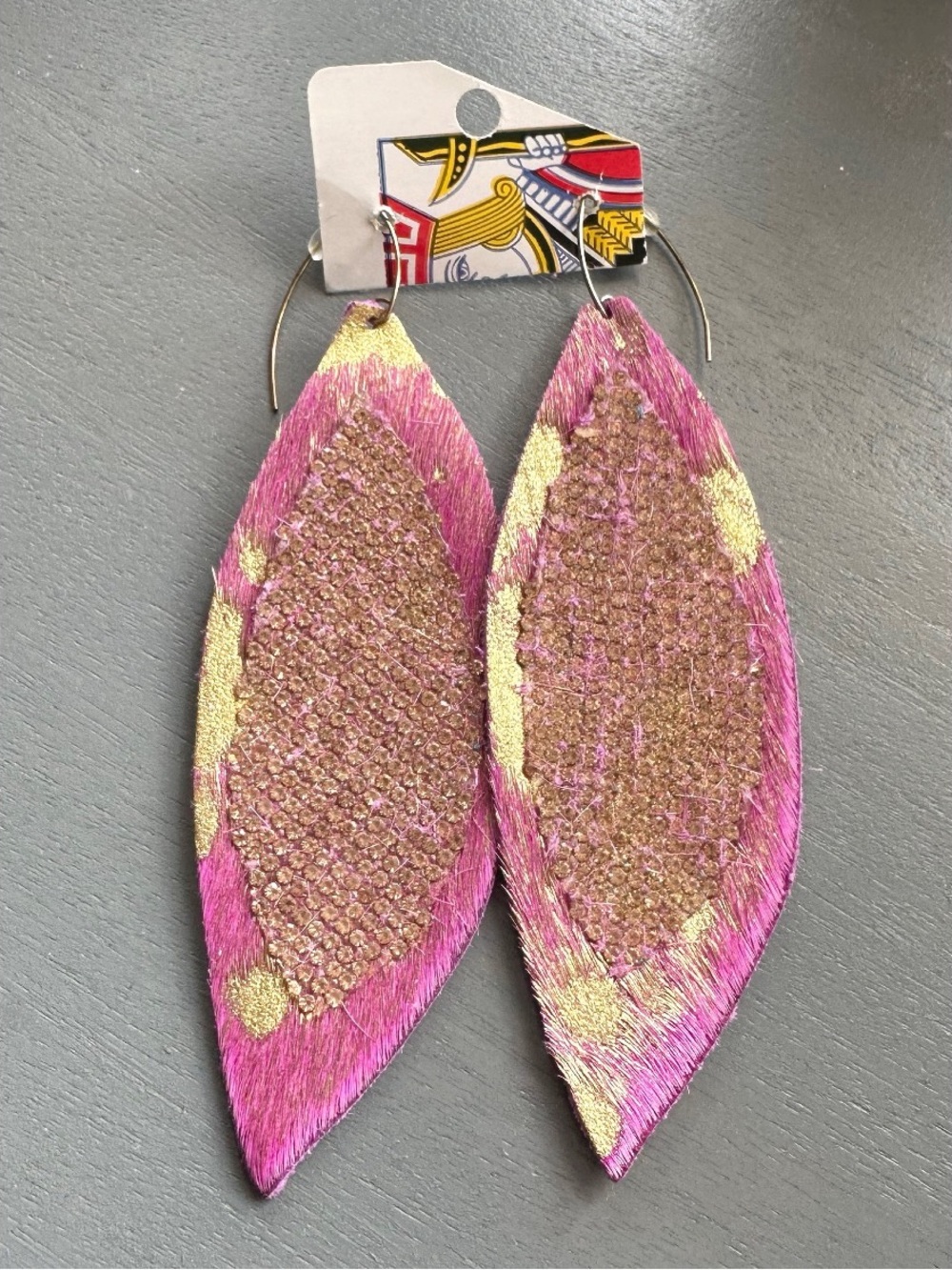 Sandra Ling hot pink & gold metallic earrings, pinched leaf design hair on hide
